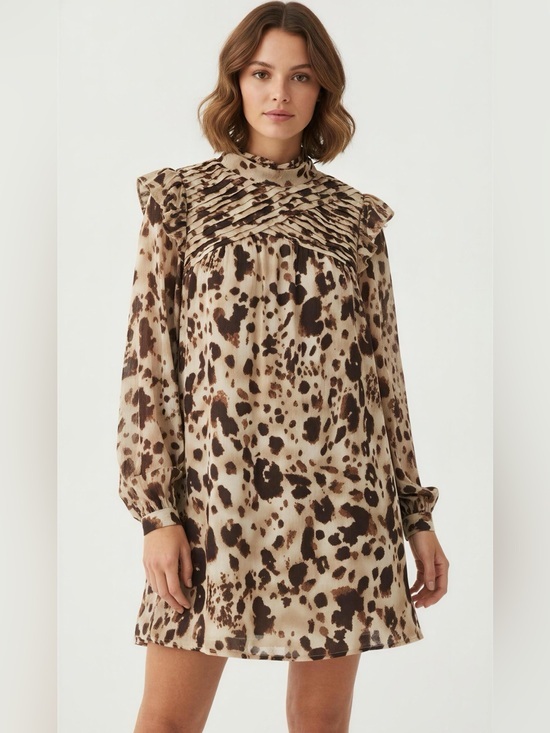 entro Dresses & Skirts - Entro Cow Print Ruffled Long Sleeve Mini Dress